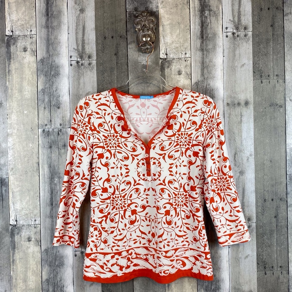 J. McLaughlin Catalina Cloth Button Front Henley Top in Orange Multi Size Small.